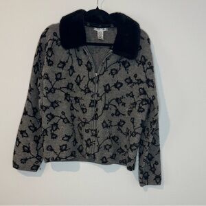 Jillian Jones Gray Floral Wool Zip-Up Sweater w/ Detachable Faux Fur Collar Sz M